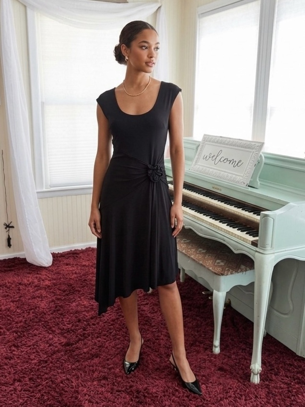 Max Studio Black Sleeveless Midi Dress - Ruched Rosette Detail - Small